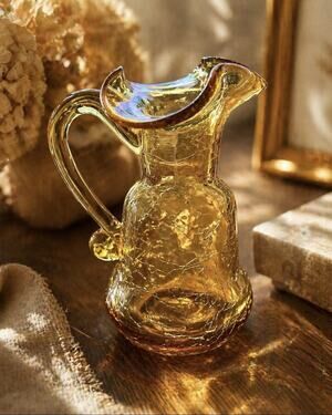 Vtg Amber Iridescent Crackle Glass Pitcher Hand Blown Ruffled Rim Mini Creamer